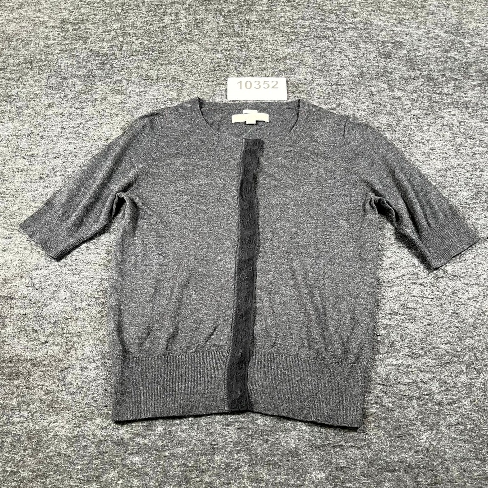 LOFT Sweater Womens Small Gray Cotton Tight Knit Crew Neck Lace Trim Winter